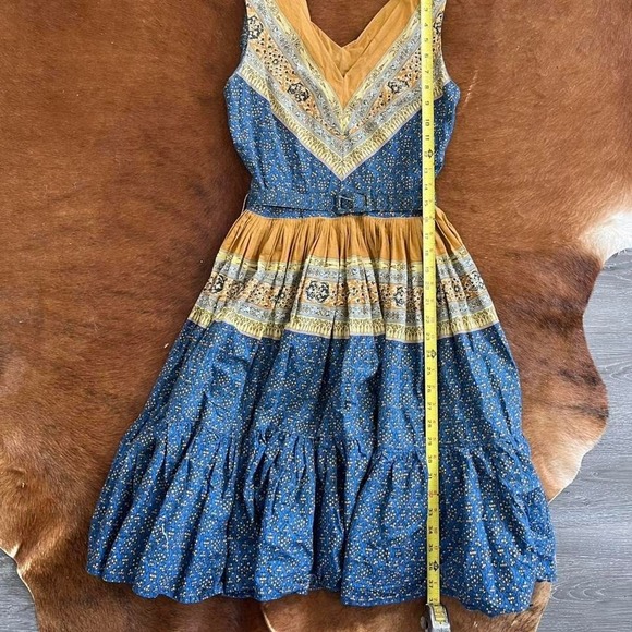 Vintage Handmade Prairie Folk Dress – Blue Floral Tiered Boho Midi XS - Picture 5 of 5